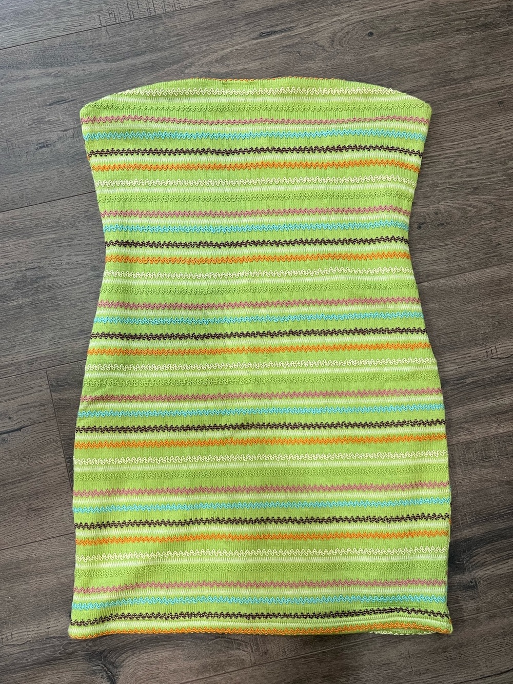 White Fox Boutique Lime Striped Strapless Knit Mini Dress
